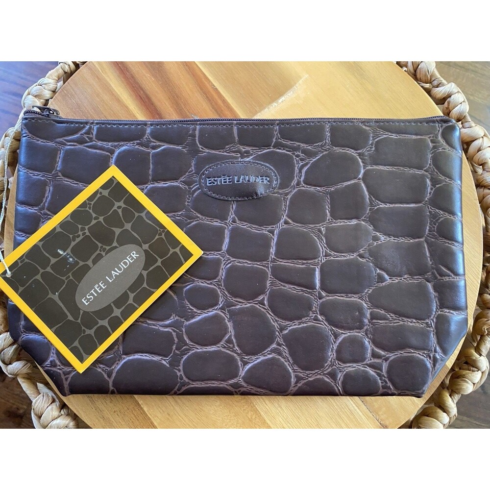 Estée Lauder Faux Croc Cosmetic Bag Burgundy Makeup Pouch Large Zip Top